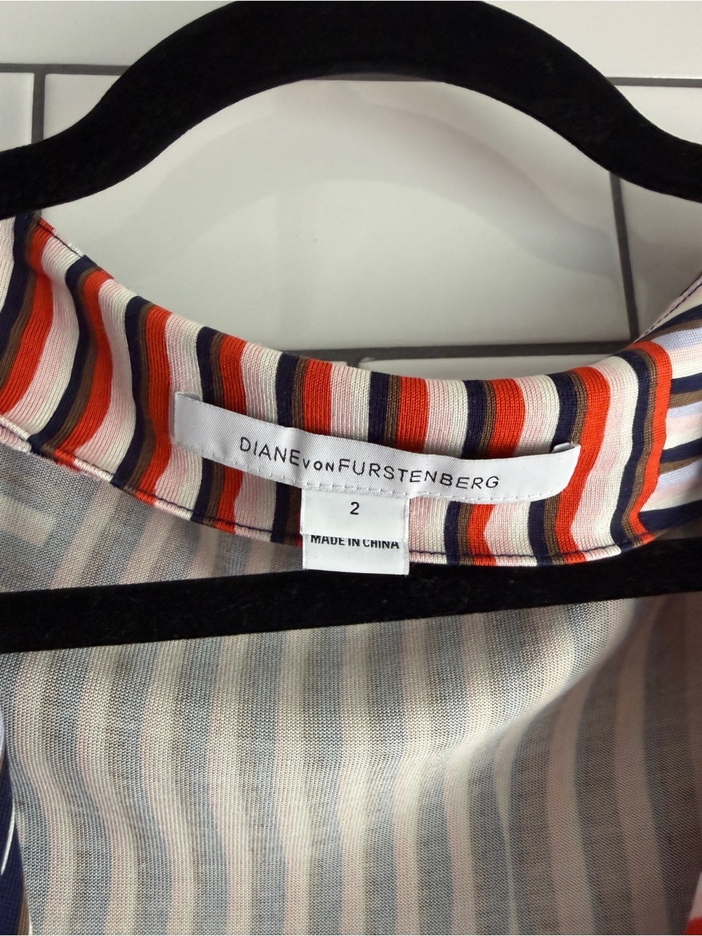 Diane Von Furstenberg Multi-Striped Wrap Midi Dress in Navy, White & Orange - Picture 7 of 9